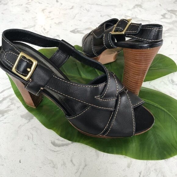 Coach Slingback Open‎ Toe Leather Wrap Heeled Sandal Black 8 - Picture 1 of 11
